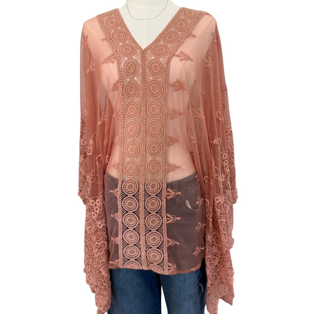Vintage Free People Susie Sheer Lace Poncho OS Dusty Rose V-Neck Batwing
